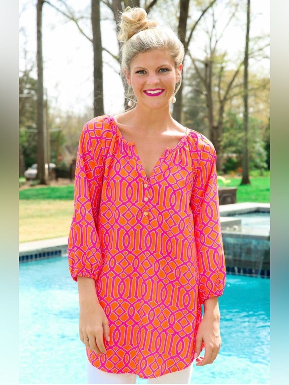 Mud Pie Orange and Pink Geometric Pattern Dress with 3/4 Sleeves Size Small EUC